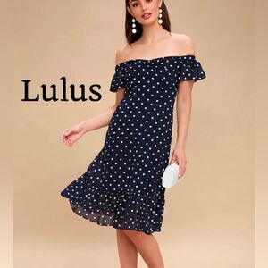 Lulus Artesia Navy Blue Polka Dot Off-the-Shoulder Midi Dress Sz M EUC
